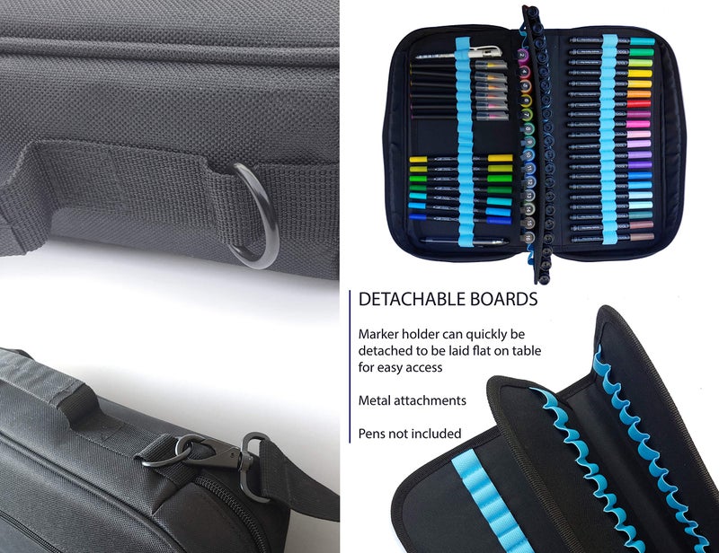 TOOLI-ART Marker & Pen Carrying Case -120 Slots, Canvas, Extra Pockets, Trolley Sleeve, Removable Shoulder Strap, For Most Markers (up to 15mm Diameter), Lipstick, Etc. Black - Image 4